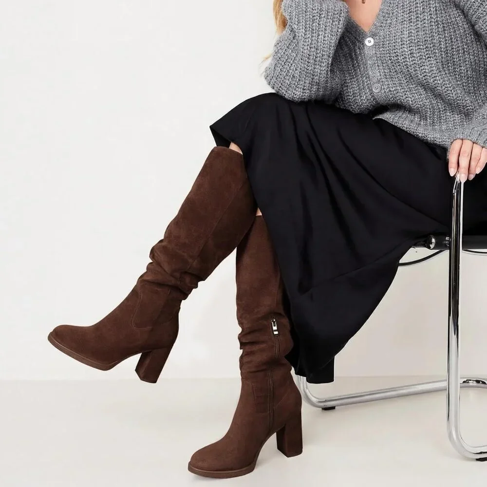 Women's Chocolate Tall Chunky High Heel Side Zipper Knee High Boots With Party